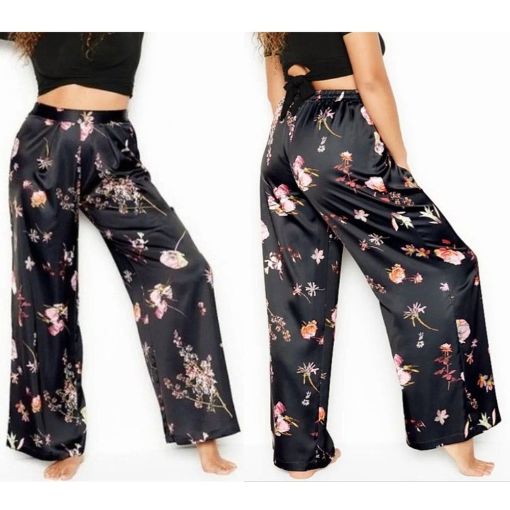 Victoria's Secret Women's Black Floral Satin Wide Leg Palazzo Pants Size XL NWT - Picture 2 of 14